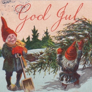 Artista sin firmar - Felices deseos navideños 1920 - Hermosa postal antigua sueca de felicitación pequeña - Tomte gnome Porridge winter pinus - vintage
