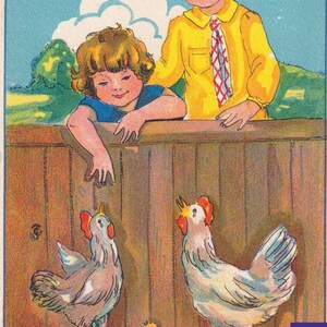 Buona Pasqua 1935 - Bella vecchia piccola cartolina di auguri svedese - Pollaio per bambini pulcino gallina gallo ragazza - effimero vintage scandinavo