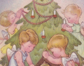 Merry Christmas / Jul 1938 - Lovely Small vintage swedish postcard -Little angel girl children treasure candle tree decoration -scandinavian