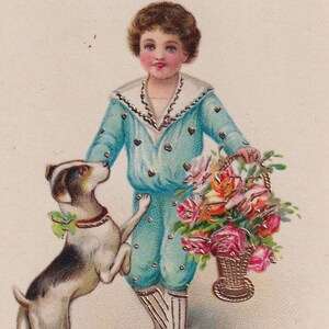 Grüße Angela 1915 -Schöne alte bulgarische lackierte Vintage-Postkarte - Beste Wünsche Kind Seemann Junge Blumen Geschenk Foxterrier Hund - Mode