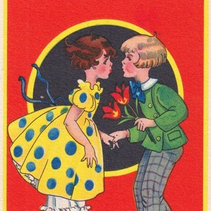 Margit Ekstam - Auguri di felice anno nuovo 1939 - Bella piccola cartolina vintage dalla Svezia - Ragazza tulipano fiori baciano bambini - Moda Art Deco