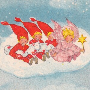 Aina Stenberg - Deseos de Navidad y Año Nuevo 1945 -Preciosa y pequeña postal vintage sueca - Hada nube fantasía elfe duende de invierno
