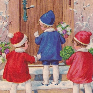 Feliz Año Nuevo desea la década de 1930 - Preciosa pequeña postal de felicitación sueca antigua vintage - Regalo de trébol de flores de niña de invierno - puerta de la casa de nieve