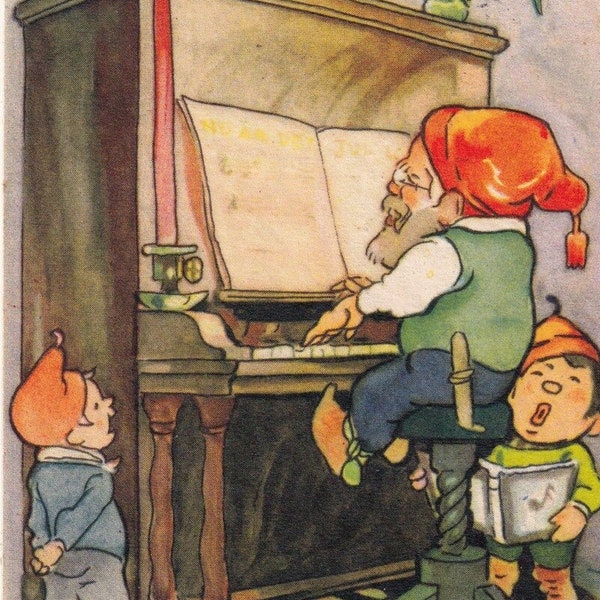 Erik OS - Christmas & New Year wishes 1938 -Lovely old small swedish greeting postcard - Santa gnome choral piano music children - vintage