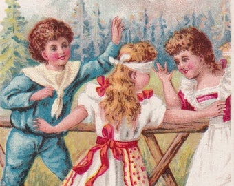 Top Zustand! Kinderspiel - Schöne französische viktorianische Handelskarte 1895 Ibled Paris - Colin Maillard Bergmode - Vintage Chromo Ephemera