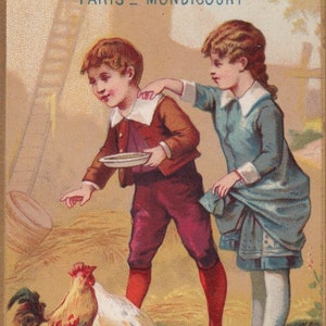 Maladie rare! Basse-cour enfants -Français carte commerciale victorienne 1895 chocolat chaud Ibled Paris -fille ferme poulailler mode-vintage chromo