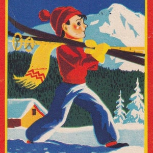 Leif - Deseos de Navidad y Año Nuevo - Hermosa postal antigua de felicitación sueca de los años 40 - Esquiador de invierno, deporte de esquí, nieve - Vintage escandinavo