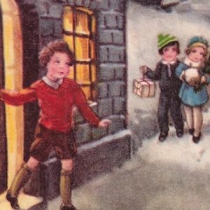 Deseos de feliz año nuevo 1939 - Preciosa pequeña postal de felicitación sueca antigua vintage - Invierno niños casa paquete de regalo niña víspera moda nieve