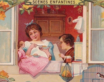The doll's snack - French Liebig victorian trade card circa 1905 - edwardian era fashion - dinette tea party girl dress toy Vintage ephemera