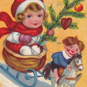 Buon Natale 1934 - Bella vecchia cartolina svedese - Bambina che gioca a un gioco di bambola giocattolo a forma di cavallo - regalo di moda per amanti dello slittino - materiale effimero d'epoca
