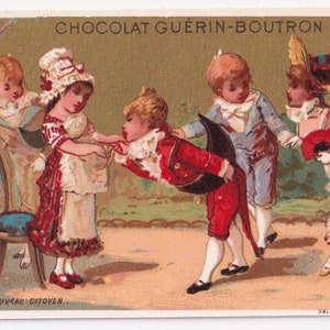 Une nouvelle citoyenne - Belle carte de visite française de l'époque victorienne 1895, chromo Minot Paris - Robe enfant fille mode naissance - Guerin Boutron vintage