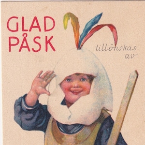 Adèle Söderberg - Buona Pasqua 1925 - Bella vecchia piccola cartolina svedese - Bambino rotto maschera uovo gioco di guerra spada di legno - vintage scandinavo