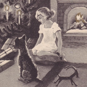 Weihnachten & Neujahrswünsche - Schöne Kleine Vintage Postkarte Schweden 1937 - Künstler signiert Stéen - Mädchen Hund Baum Geschenkpakete - Haus Santa