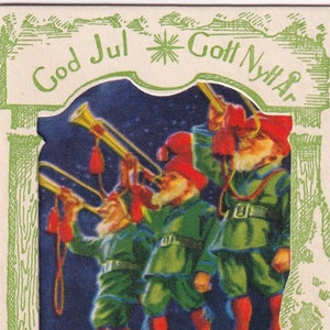 Curt Nyström -Deseos de Navidad y Año Nuevo 1940 - antigua pequeña tarjeta sueca de 2 pliegues - Gnomo duende enano - nieve de invierno escandinavo Tomte