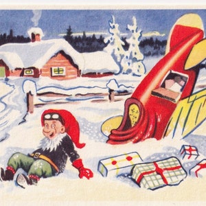 Nils Klarqvist - Noël et Nouvel An 1945/50 - Petite carte postale de voeux suédoise amusante - Jouet cadeau crash d'avion du Père Noël hiver - vintage
