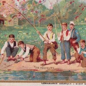 Condición SUPERIOR - Los pescadores - Tarjeta comercial victoriana francesa c. 1895 - Guerin Boutron - Vida en el campo, juego para niños, pesca con caña Vintage Minot