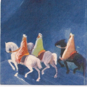 Artista Ekman sin firmar - Deseos de Navidad y Año Nuevo 1937 -Encantadora postal vintage pequeña Suecia - Natividad Jesús nacimiento mago caballos - santo