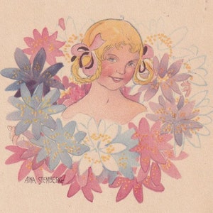 Aina Stenberg - Buon Natale anni '20 - Bella cartolina vintage svedese - Elegante bambina con corona di fiori, regalo ritratto - moda art deco