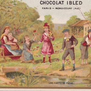 ¡Excelente estado! Fiesta de pesca -Tarjeta comercial victoriana francesa 1895 chocolate Ibled Paris - niñas granjeras pescando peces- Vintage cromo Minot