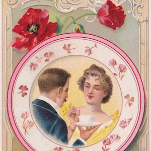 Edades de la vida - Preciosa tarjeta comercial victoriana francesa Liebig - Amantes elegantes mujer flor de amapola - vestido moda naturaleza - Vintage cromo amor