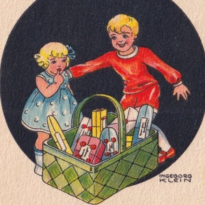 Taglia bambino - Ingeborg Klein / Auguri di Natale e Capodanno anni '30 - Bellissima vecchia cartolina vintage svedese - Pacchetti regalo per bambini - Art Deco