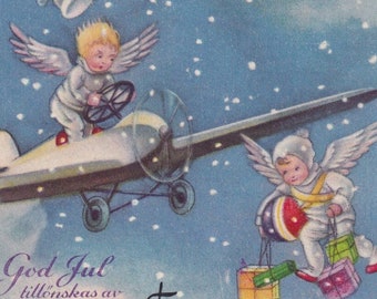 Merry Christmas 1937 - Lovely old small swedish postcard - Winter angel little cherub plane pilot - toy gift children winter - vintage snow