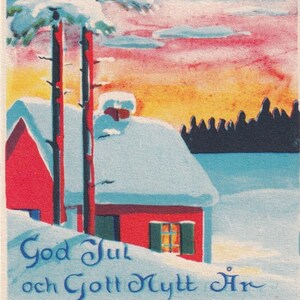 Auguri di Natale e Capodanno 1940 - Bella piccola cartolina d'auguri svedese vintage Herbert - Arte scandinava - Paesaggio invernale in casa notte