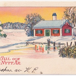 Jonatan Swedin / Desejos de Natal e Ano Novo - Lindo pequeno cartão postal vintage da Suécia dos anos 1930 - Paisagem de inverno - neve da casa - Deus Jul