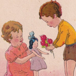 Buon compleanno 1930 - Bella cartolina d'auguri vecchia dalla Francia - Bambini ragazza bambola fiori regalo vestito moda - carta d'epoca Art Deco