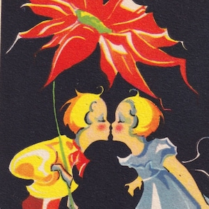 Joyeux Noël 1934 - Belle petite carte postale de voeux suédoise vintage Signée Gece - Fille baiser robe à fleurs géante mode art déco Poinsettia