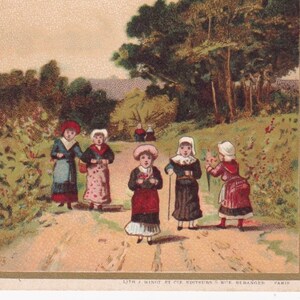 Passeggiata in campagna - Bella cartolina commerciale vittoriana del 1890 pubblicità Au Bon Marché Paris - Bambini ragazza vita familiare natura Vintage chromo Minot