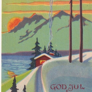Auguri di Natale e Capodanno 1938 - Bella piccola vecchia cartolina Svezia EVANS - Paesaggio della casa strada invernale mare fiordo - scandinavo vintage