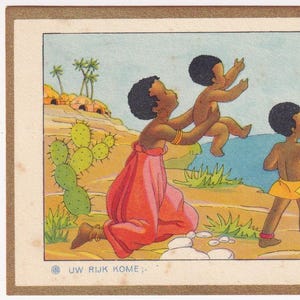 Venga tu reino - Hermosa estampa sagrada holandesa antigua de arte de los años 40 - Oración de la isla vintage Mujer niña - Religión Cristianismo - Artista firmado Gouppy Dios