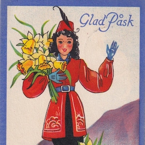 Joyeuses Pâques 1944 - Jolie petite carte postale de voeux suédoise ancienne - Cadeau nature femme avec fleurs jonquilles - Mode scandinave vintage - AinA