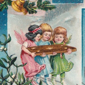 Joyeux Noël - Belle carte postale vintage Suède des années 1910 - Scène sainte de cloche au trésor d'enfants d'ange d'hiver - étoile de carte de chérubin