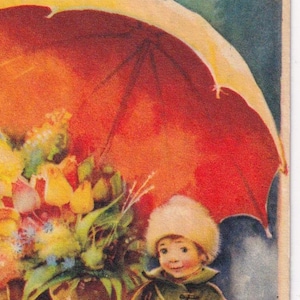 Artelius - Deseos de Feliz Año Nuevo 1935 - Postal antigua sueca de felicitación - Niño vendedor de flores con paraguas en invierno - Vintage escandinavo