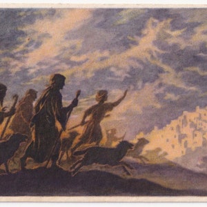 Deseos de Feliz Navidad 1930/40 - Precioso pequeño saludo vintage postal antigua Suecia -Artista Uddén -Pastores de la Natividad Belén Jesús nacimiento