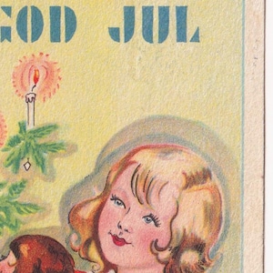 Margit Ekstam - Auguri di Buon Natale 1934 - Bella piccola vecchia cartolina vintage Svezia - Bambina giocattolo bambola candela albero decorazione art deco