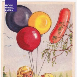 Joyeuses Pâques de l'artiste des années 1945 signée BLE - Jolie petite carte postale vintage suédoise - Petite fille en ballon, oeuf de naissance, nature, fleurs des prés - Glad Påsk