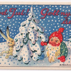 Beckman - Deseos de Navidad y Año Nuevo 1935 - pequeña postal de felicitación sueca - Invierno Santa conejo gnomo enano Tomte - vintage escandinavo