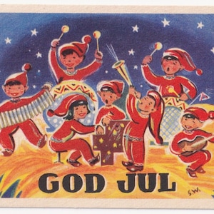 L'artista ha firmato S.W.- Buon Natale 1949 - Bella piccola vecchia cartolina vintage svedese - Leprechaun bambini banda di ottoni orchestra musica moda
