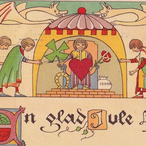 Aina Stenberg - Buon Natale 1916 - Bella cartolina di auguri svedese - Trono dell'amore, della ricchezza e della fortuna - Moda vintage art deco scandinava