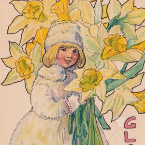 Buona Pasqua - Bella vecchia cartolina vintage svedese degli anni '20 - Aina Stenberg - Ragazza scandinava bambino Fiori di narciso gigante Art Deco - moda