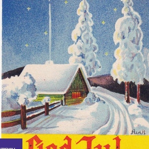 Auguri di buon Natale - Bella piccola cartolina vintage Svezia 1943 - Artista firmato Aina - Casa di campagna invernale - paesaggio scandinavo