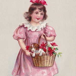 Félicitations 1915 - Belle carte postale vintage de voeux suédois en relief - Élégant panier de fleurs pour petites filles et petit chien - Cadeau tendance