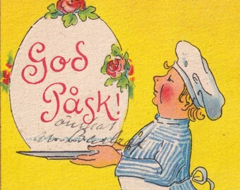 Adina Sand - God Påsk / Happy Easter 1940 - Lovely old small swedish postcard art deco - Cooking chef & decorated egg - vintage fashion