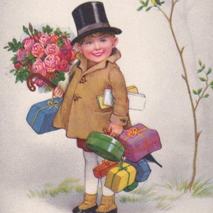 Congratulazioni 1935/40 - Bella cartolina d'auguri vecchia Svezia - Ritratto di bambino/ragazzo con fiori di rosa confezioni regalo di moda - cartolina d'epoca