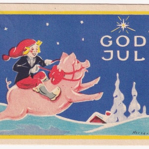Deseos de Feliz Navidad de 1939: pequeña y encantadora postal de felicitación sueca vintage Herbert, Arte escandinavo, Elfo de invierno, duende, niño montando cerdo