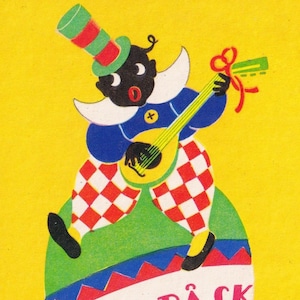 Helfrid Selldin -Glad Påsk / Buona Pasqua anni '40 -Incredibile vecchia cartolina di auguri svedese art deco - Uovo di musica banjo per bambini in pelle nera - vintage