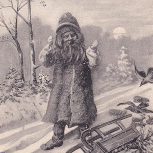 Artista vienense assinado / Natal - Lindo cartão postal vintage da Suécia 1902 - Gnomo de inverno Papai Noel Leprechaun luge presente pássaro - moda neve